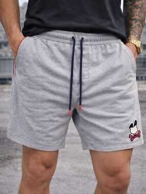 Psycho Bunny Men XXL Grey Fleece Shorts Embroidered Skull Logo Side Stripes 2XL